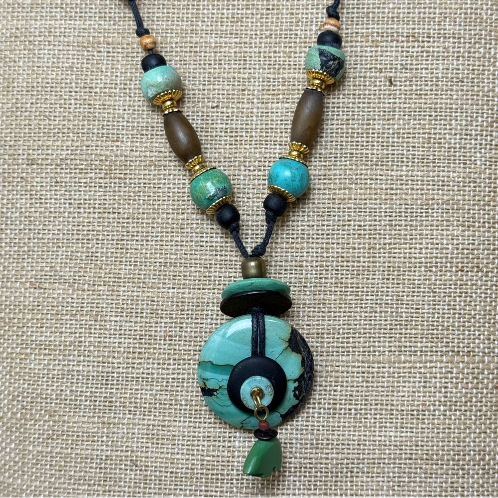 Bohemian Style Necklace with Faux Turquoise Glass Beads on Leather Cord 22”